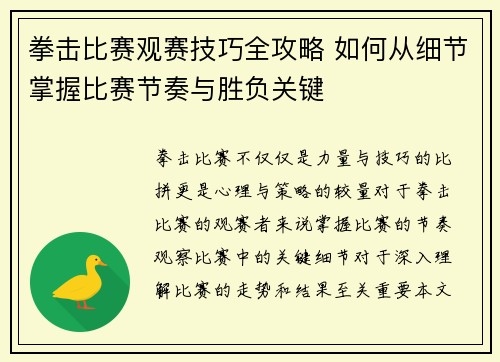 拳击比赛观赛技巧全攻略 如何从细节掌握比赛节奏与胜负关键