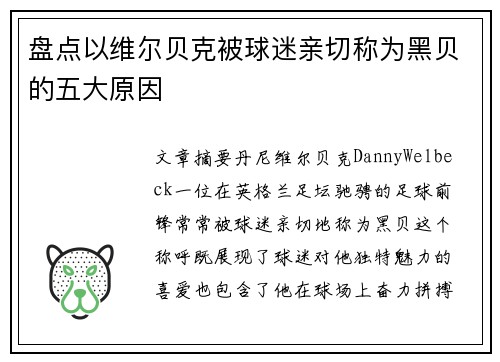 盘点以维尔贝克被球迷亲切称为黑贝的五大原因
