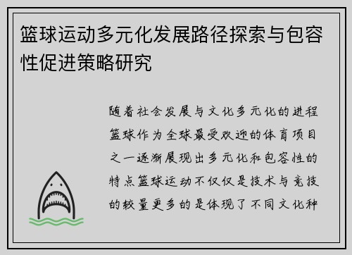 篮球运动多元化发展路径探索与包容性促进策略研究