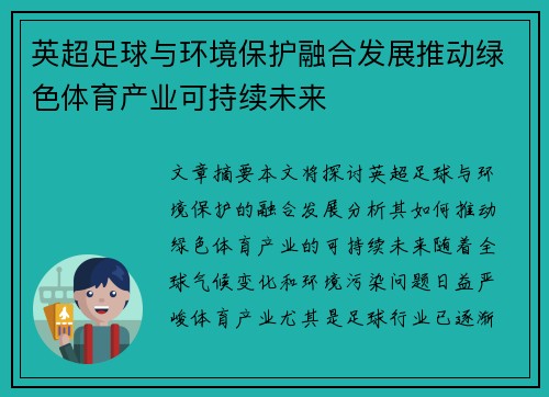 英超足球与环境保护融合发展推动绿色体育产业可持续未来 英超足球与环境保护融合发展推动绿色体育产业可持续未来