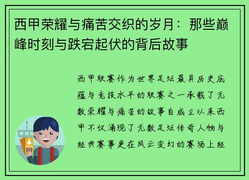 西甲荣耀与痛苦交织的岁月：那些巅峰时刻与跌宕起伏的背后故事